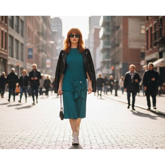 Vintage After Dark Teal Green Pleated Dress With Bow Accent & Rhinestone Detail - Picture 1 of 8